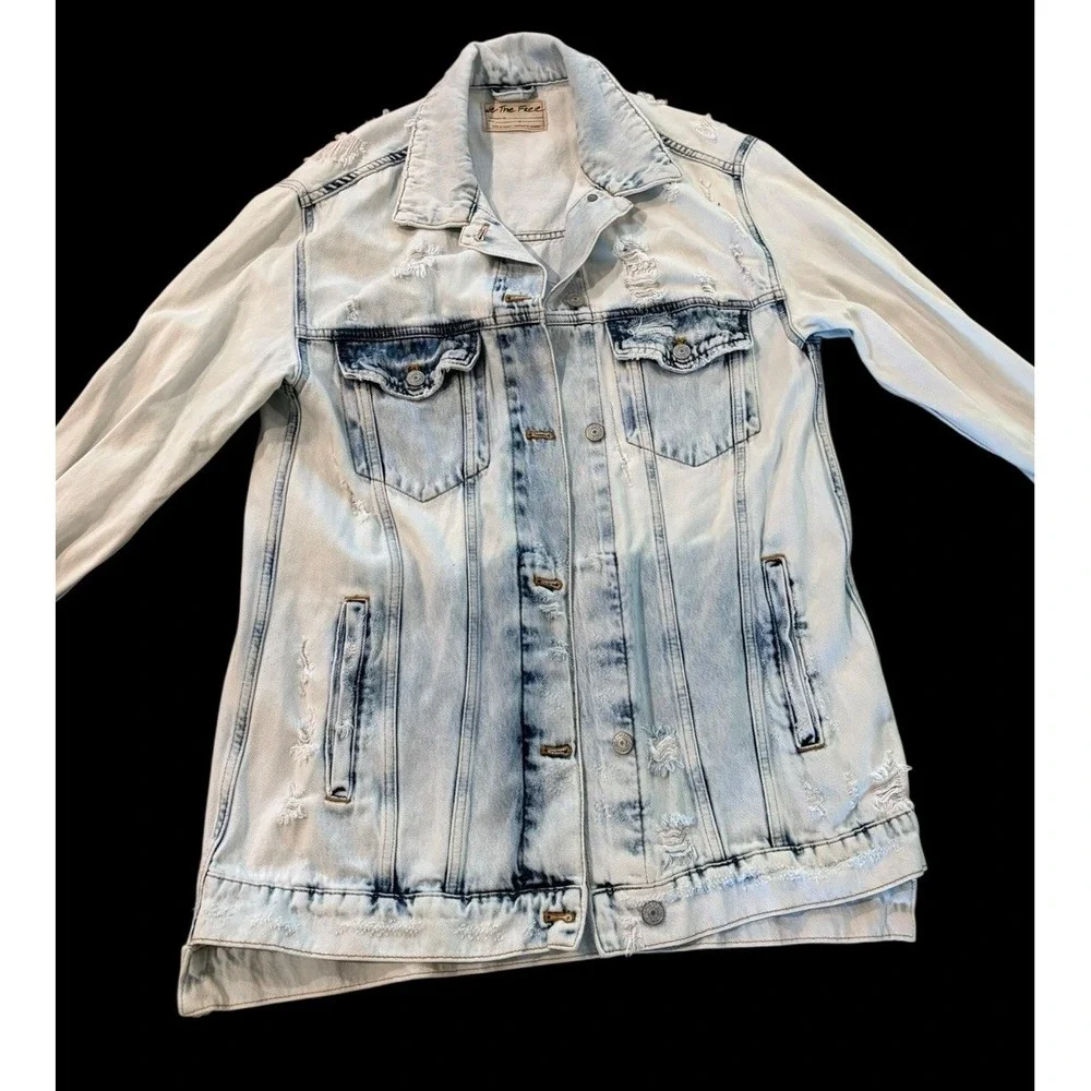 Free People‎ We The Free Destroyed Long & Lean Trucker Jacket Denim S Oversized - Picture 2 of 8